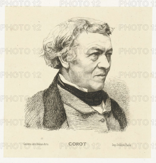 Corot, Portrait of artist Jean-Baptiste Camille Corot, print, printmaker: Félix Bracquemond,