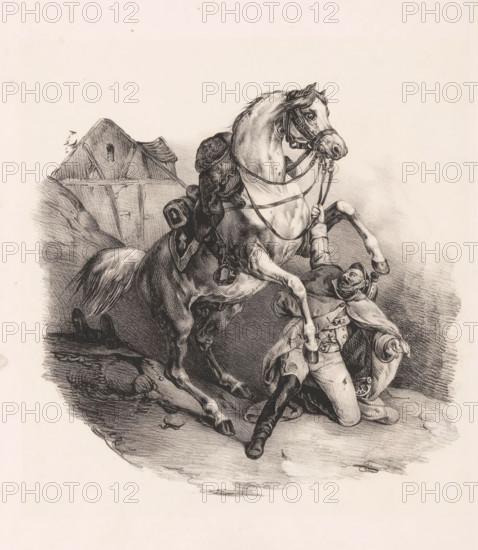 Kneeling dragoon with horse, print, The horse has thrown its rider. A dragoon seizes it by the