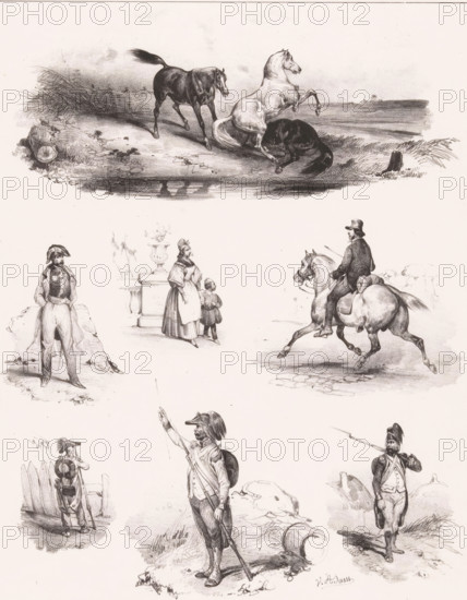 Six depictions of human pastimes and a number of horses, Passe-temps, Leisure activities,