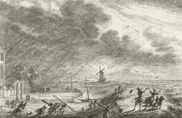 Flood at Halfweg, 1775, print, on the left the Swanenburg House, former communal land house of the