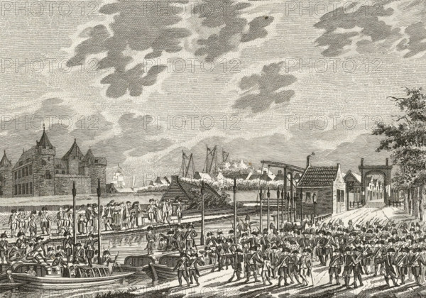 Arrival of the armed Amsterdam citizens in Muiden, 1787, print, Arrival of the boats with armed
