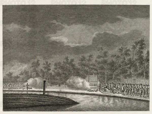 Firefight at Vreeswijk, 1787, print, Firefight on the canal at Vreeswijk outside Utrecht between