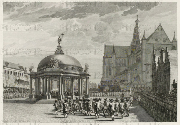 Swearing-in of the government regulations in Haarlem, 1787, print, Solemn ceremony with the