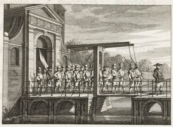 Hendrick Jansz. Ackerman marches out of the city with a company of musketeers, print, historical