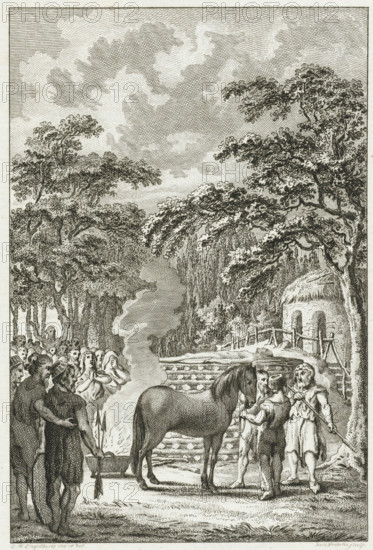 Funeral ceremony among the Batavians, print, historical print, Funeral ceremony among the Batavians