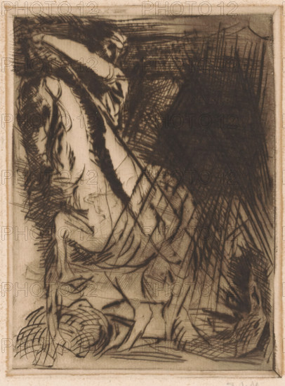 Saint George and the dragon, print, George, seated on a rearing horse. Beneath the horse the
