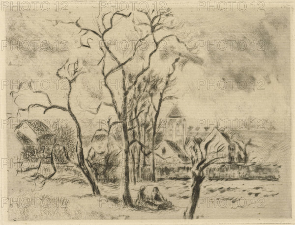 Eglise d'osny, près Pontoise, Church of Osny, print, A meadow with two women sitting under a tree.