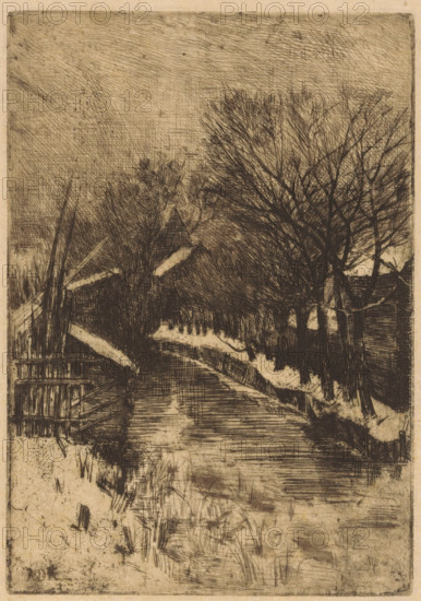 Snow-covered trees and buildings along a ditch, print, printmaker: Antoon Derkinderen, 1869 - 1925,