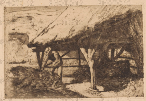 Farmhouse with hay barn (original title), print, Series number, 3, A farmer at work by a stack of