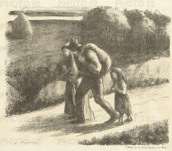 Man and woman with girl walking on a dirt road, Les trimardeurs, Vagrants, print, Man and woman