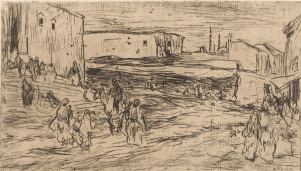 Outskirts of Constantinople, print, Men and women in Oriental clothing on a site surrounded by