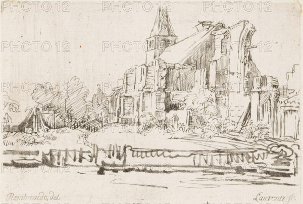 View of a ruin, print, printmaker: Johann Daniel Laurentz, after drawing by Rembrandt van Rijn,