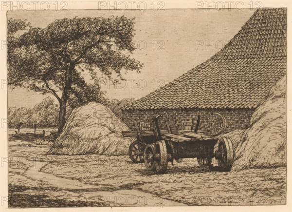 Farm barn with cart, print, printmaker: Laurent Verwey van Udenhout, Netherlands, 1894 - 1913,