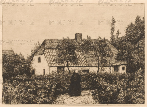House with trees and figure, print, printmaker: Laurent Verwey van Udenhout, Netherlands, 1894 -