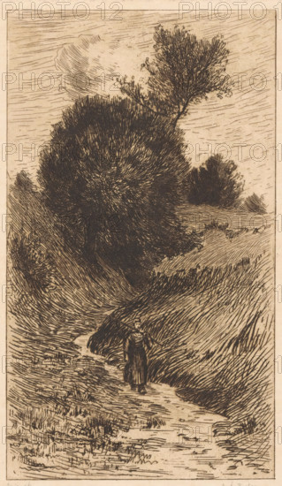 Woman on a sunken road, print, The woman carries a stick on her shoulder. In the background trees