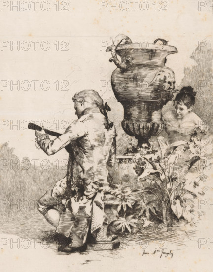 Man playing an instrument in a garden, print, collector's mark: 'Littéraire Societeit, The Hague',