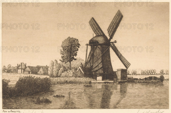 Aan de Angstel (original title on object), print, A windmill on the river Angstel., printmaker: