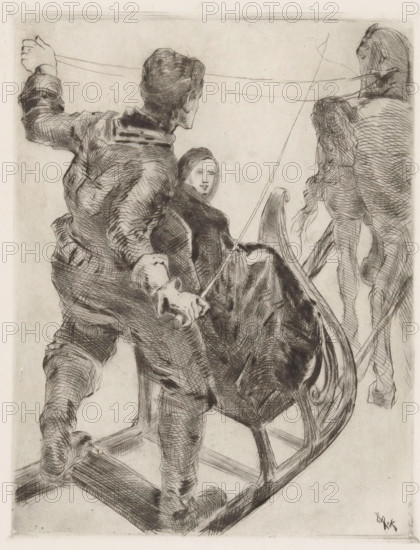 Sleigh ride (original title), Man and woman in a sleigh, print, A man and a woman in a sleigh being