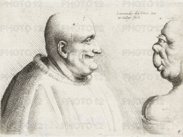 Heads of a large bald man and grotesque woman, Caricatures, heads and deformities after Leonardo da