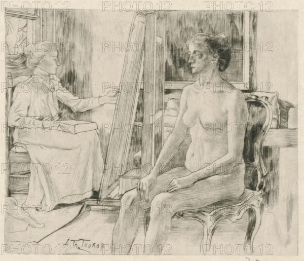 Artist working from female nude model, The model (original title), print, printmaker: Jan Toorop