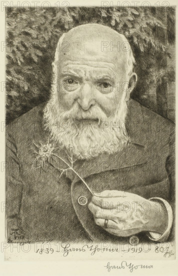 Self-portrait with a thistle, print, printmaker: Hans Thoma, Karlsruhe (possibly), 1919,