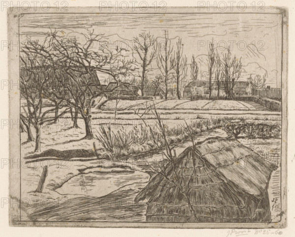Winter landscape with farms, print, On the left an orchard, on the right a barn., printmaker: