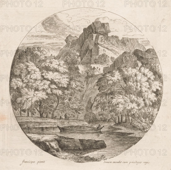 Arcadian mountain landscape with a boat on a river, Paysages de formeronde, print, printmaker: