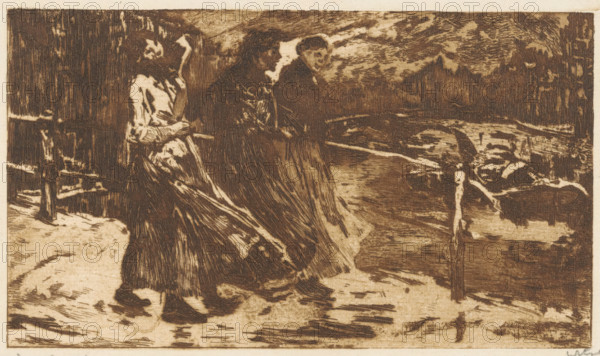 Three women on a bridge in rain and wind, print, inscription: 'd'après GH Breitner', signature: