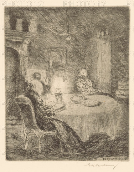 Reading men by candlelight, print, Three men in winter clothing around a table with a single