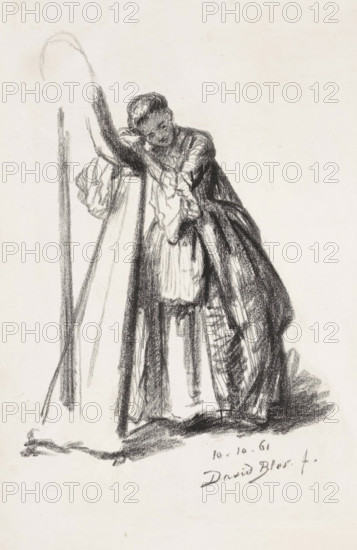 Harpist, print, The young woman leans with her hands and head on the harp., printmaker: David Bles,