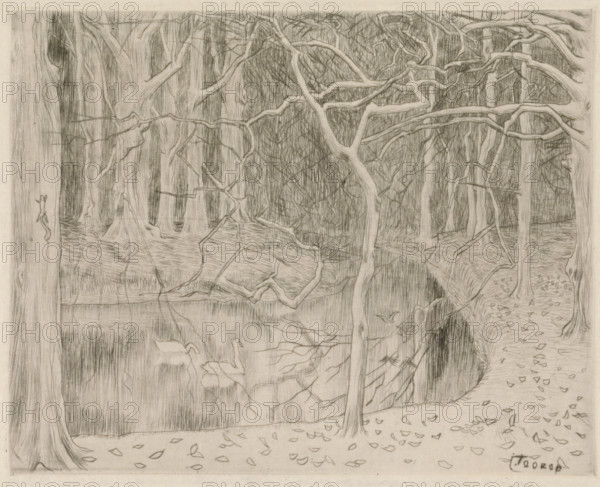 Forest with pond and swans, Pond and forest in winter, Westhoven (original title), print,