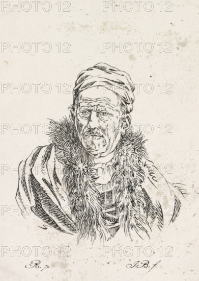 Portrait of a man after Rembrandt, print, The man is wearing a cap and a fur collar., printmaker: