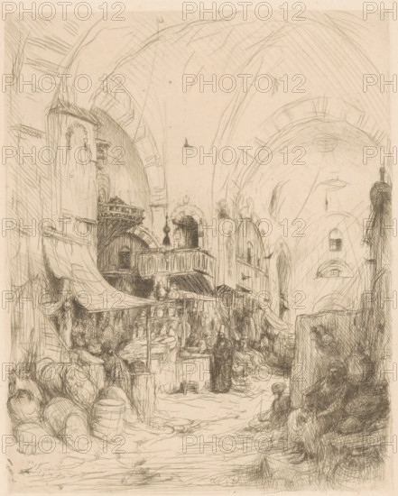 Bazaar in Constantinople, print, Figures in a covered bazaar with stalls displaying goods.,