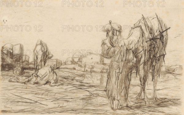 Camels with a driver in front of a city, print, A man holds a camel by his harness. Three more