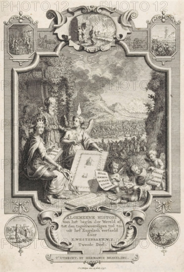 Title page for: Kornelis Westerbaen, Algemeene histori, 1736, Cartouche with allegory on the