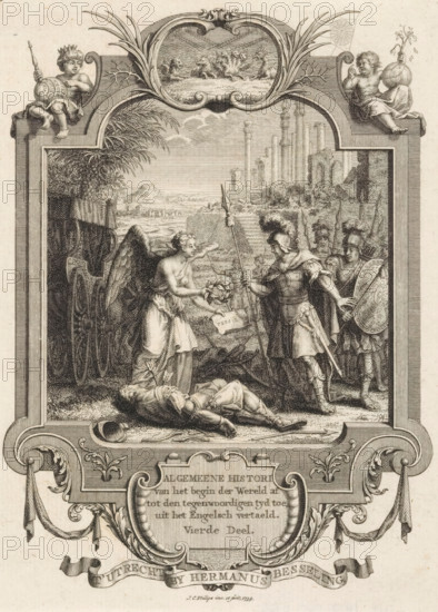 Cartouche with allegory on the fall of Persia, Title page in front: Kornelis Westerbaen, Algemeene