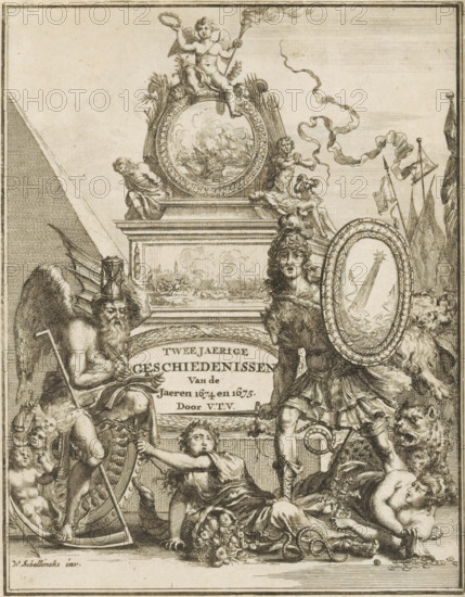 Allegorical representation with Father Time and figure in armor, Title page front: Gerard Brandt,