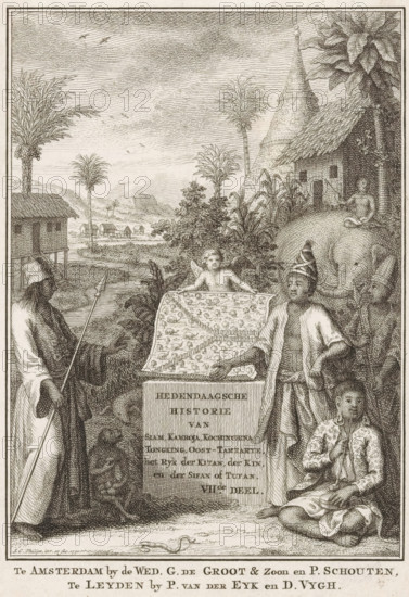 Allegory of the East Indies, print, title page, Landscape with animals and people in traditional