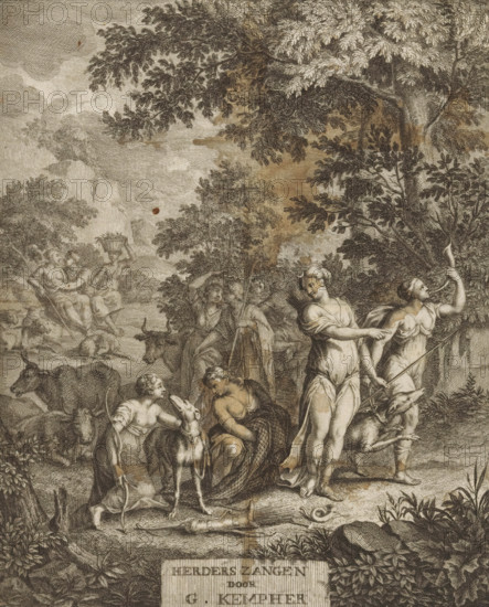 Title page for: Gerard Kempher, Herderszangen, 1732, Diana and shepherds, print, title page, Diana