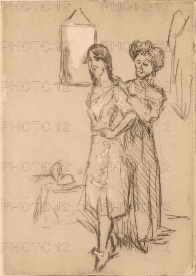 Young woman at a milliner, At the milliner's, print, The woman stands with her hand on her hip