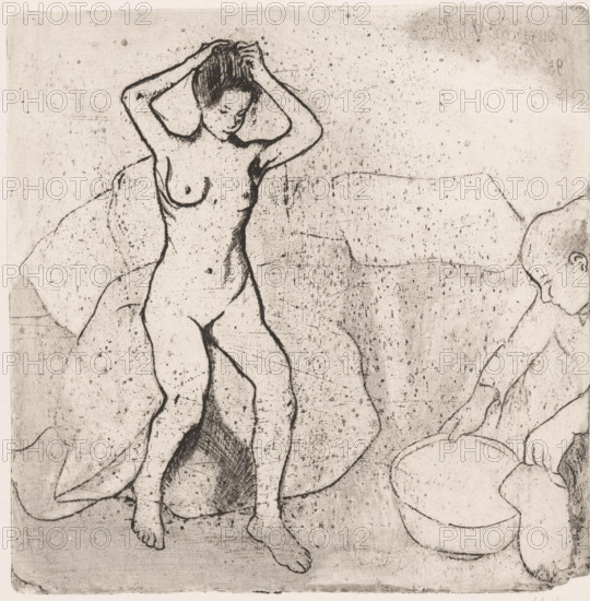 Nude woman taking a bath, Catherine preparing the tub and Louise nue se coiffe, print, printmaker: