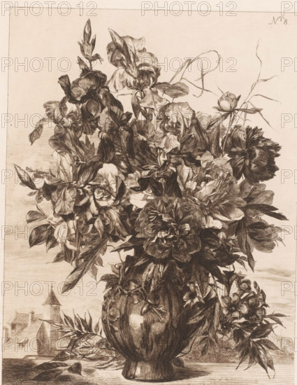Flower vase with a church in the background, Series with flowers, print, Series number, 8,