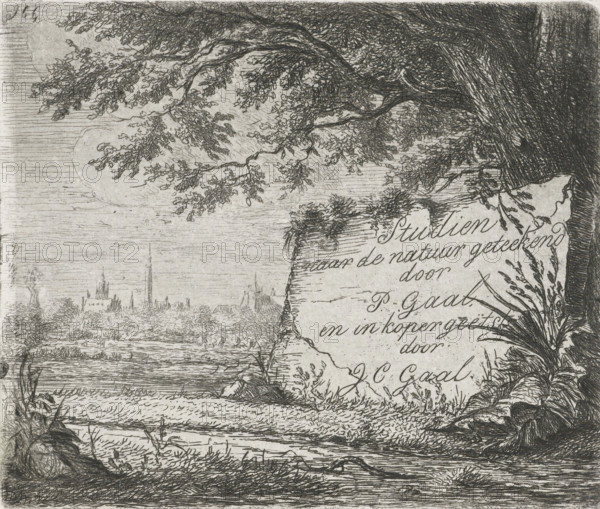 Title print for: Studies drawn from nature, print, title print, Landscape with a village in the