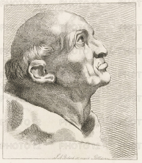 Head of an old man with tonsure, A Monk's Head (former title), print, signature: 'JA Boland 15