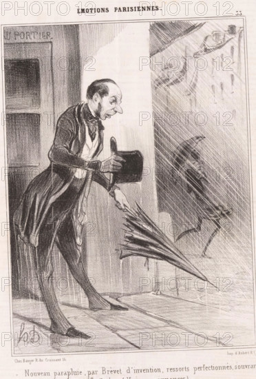 Man tries to open new umbrella in the rain, Parisian emotions, Émotions Parisiennes, cartoon,