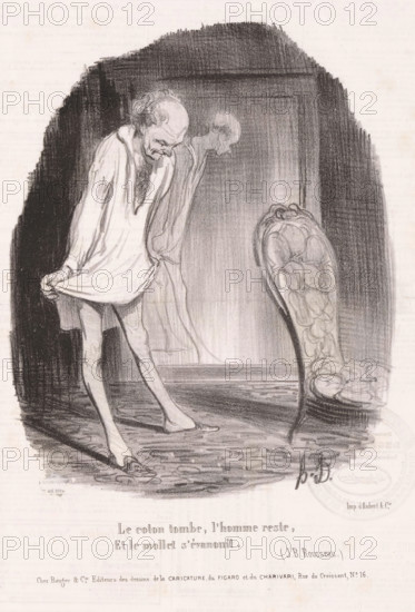 Le coton tombe, l'homme reste, Old man in nightgown looks at his legs at the mirror, Vanity,