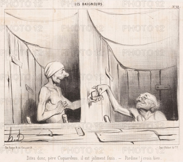Two old men exchanging tobacco in their bathtub, Dites donc, père Coquardeau, Men bathing, Les