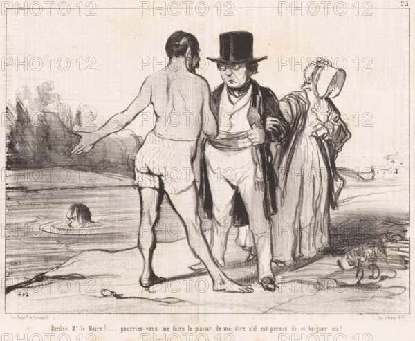 Man in swimming trunks asks mayor if he can swim, Excuse me, Mr. le Maire!, Bathing men, Les