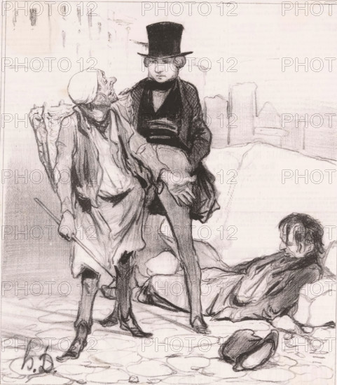 Ne laissez donc pas votre ami dans cet état lá!, Man with two ragged figures on a construction