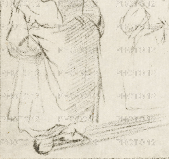 Two young children, print, A girl with her hands under her apron. Another girl seen from the back.,